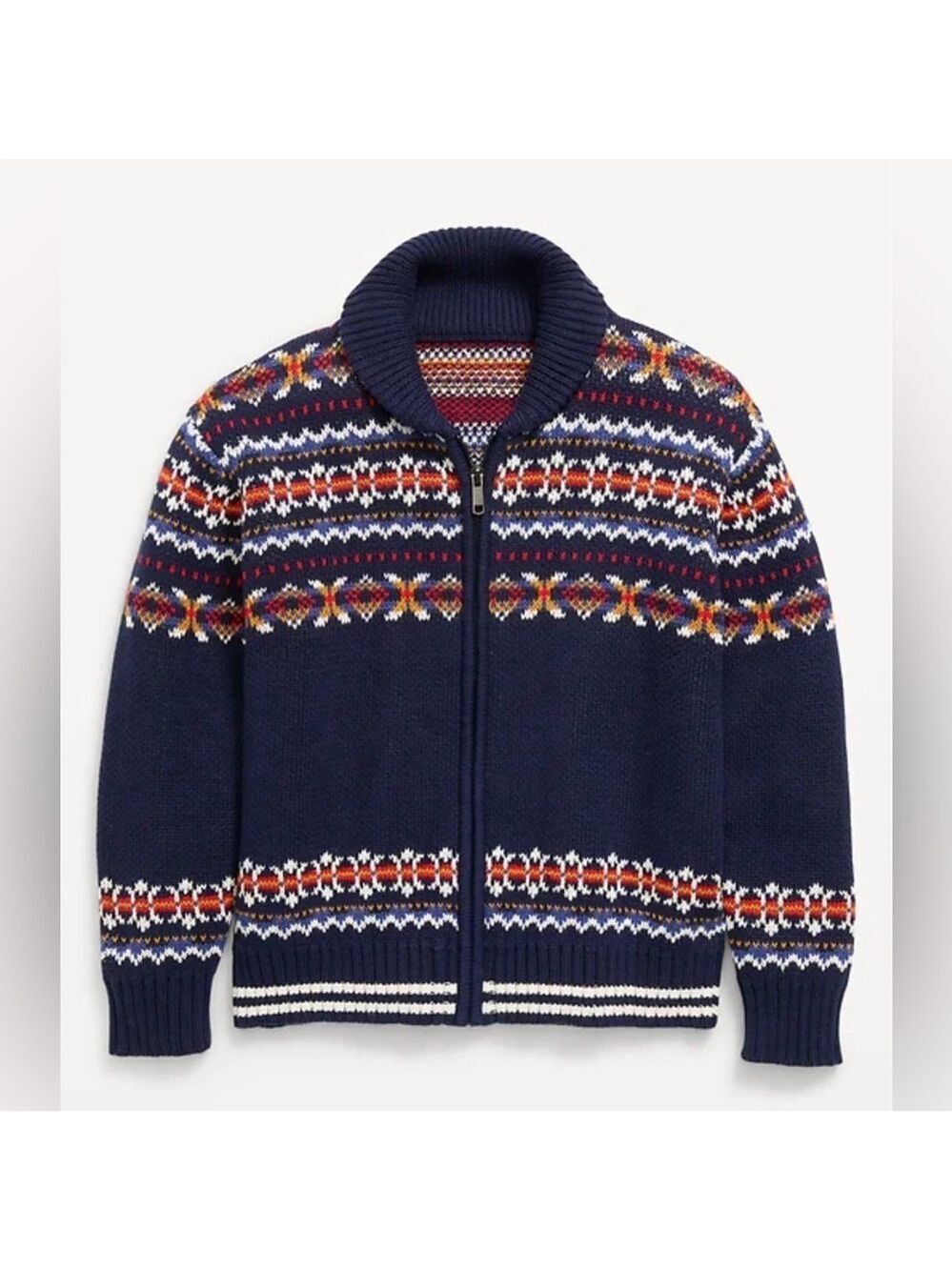 Old Navy Boys Shawl Collar Full-Zip Fair Isle Nordic Knit Cardigan Sweater 14/16